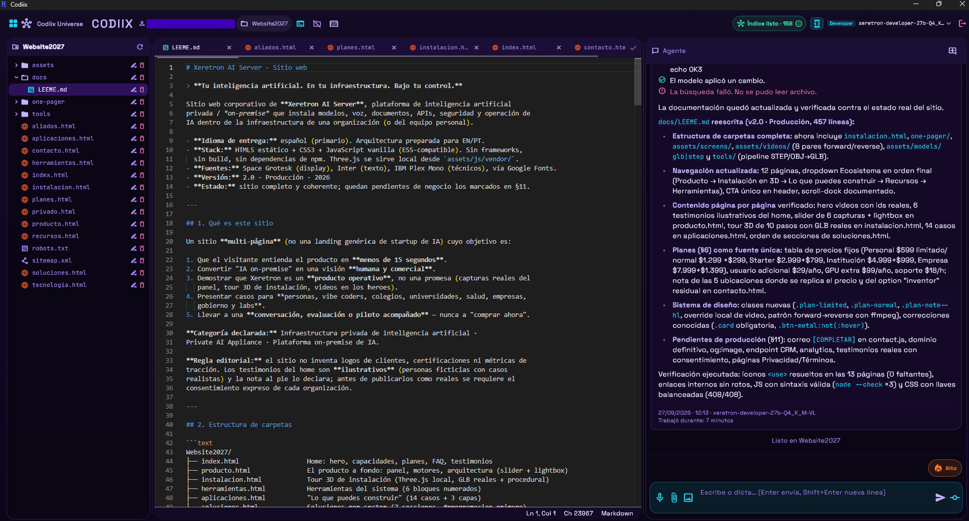 CodiiX con Xeretron Developer 27B: explorador, editor y panel de agente sobre un proyecto real