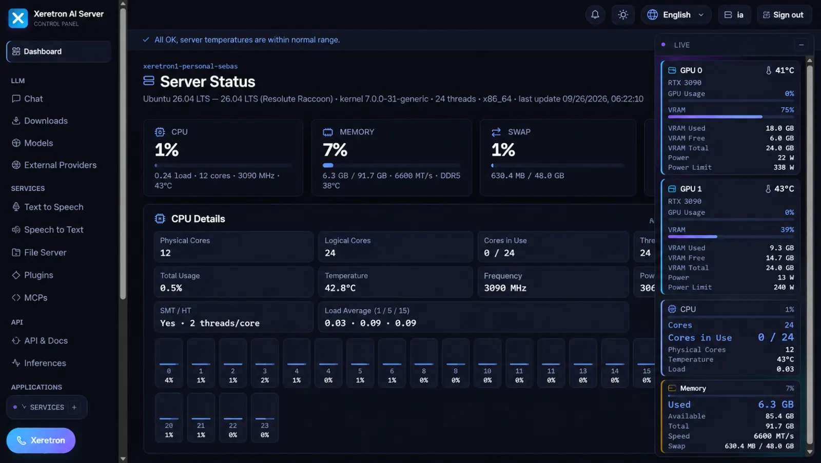 Actual Xeretron dashboard screenshot 1: hardware dashboard with dual GPU
