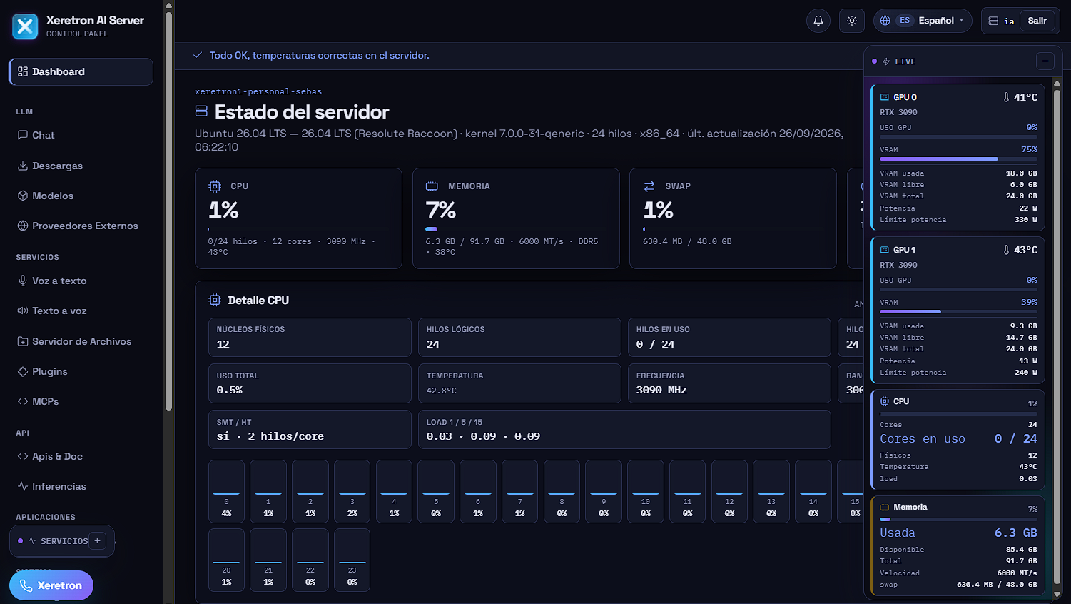 Captura real del panel Xeretron 1: carga y selección de modelo